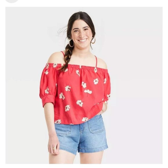 Universal Thread Tops - Universal Thread - Women's Puff Elbow Sleeve Blouse - Red Floral XL